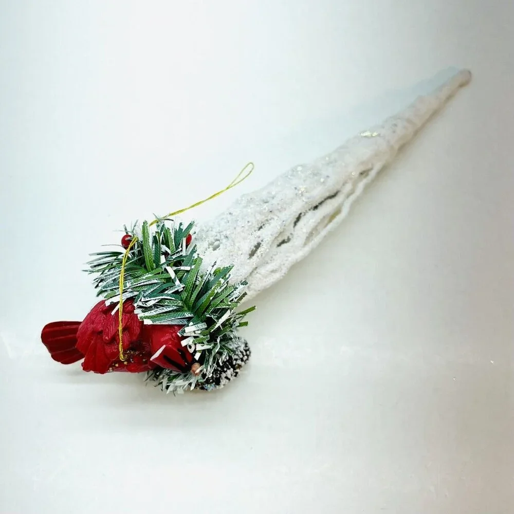 Vintage Christmas Ornament Cardinal In Pine Nest On White Glittered Icicle 6